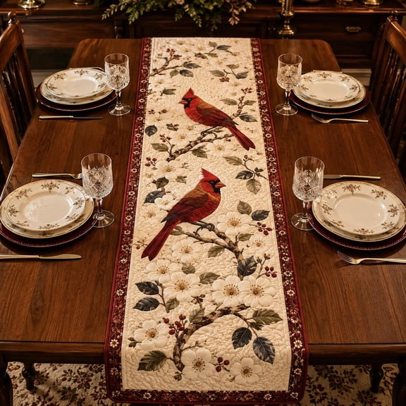 Cardinal Table Runner, Quilted Table Runner, White Floral Decor, Bird Lover Gift, Winter Spring Tableware, Elegant Farmhouse Linens