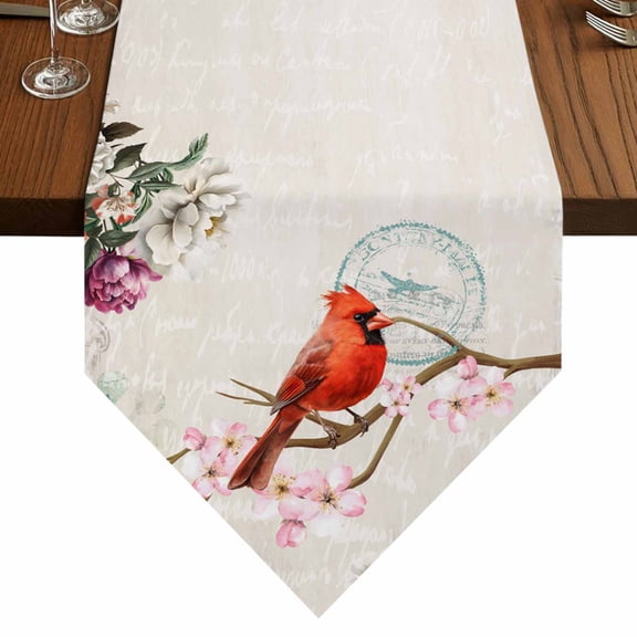 Cardinal Table Runner for Dining Room, Red Bird Floral Cotton Linen Dining Table Runner Tablecloth Dresser Scarves for Kitchen Cafe 13x90 Inches Long