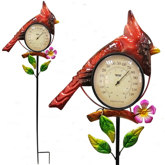 Cardinal Thermometer Indoor Outdoor Garden Stake,Metal Bird Art Decor Sculpture Stick for Lawn Yard Patio Decorations Waterproof, No Battery Required