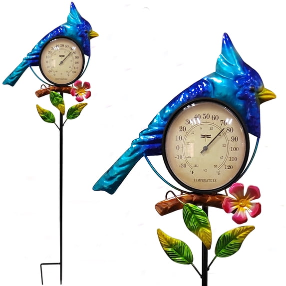 Cardinal Thermometer Indoor Outdoor Garden Stake,Metal Bird Art Decor Sculpture Stick for Lawn Yard Patio Decorations Waterproof, No Battery Required