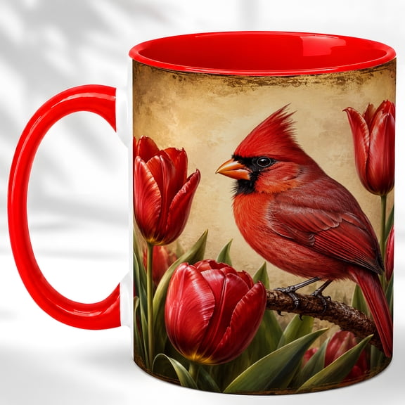 Cardinal Tulip Garden Coffee Mug, Red Bird Mug, Ceramic 11 oz