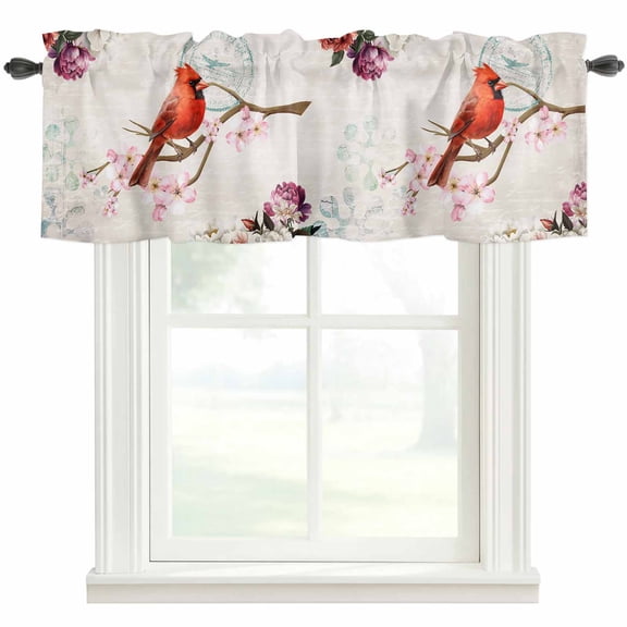 Cardinal Valances for Windows Red Bird Floral Rod Pocket Curtain Valance Window Treatment Short Curtains for Kitchen Living Room, 42"x12"
