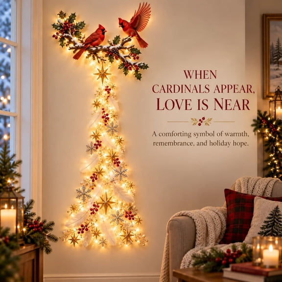 Cardinal Wall Light, Christmas Bird Hanging, 39.37 Inch Glowing Red Bird Medallions Cascading from a Leafy Top Branch, Cascading Starlight Scene for Window Entry and Wall Decor