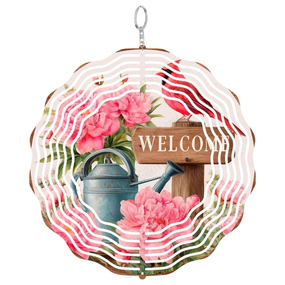 Cardinal Welcome Sign Wind Spinner Metal Outdoor Decor Rustic Garden Art Red Pink Green