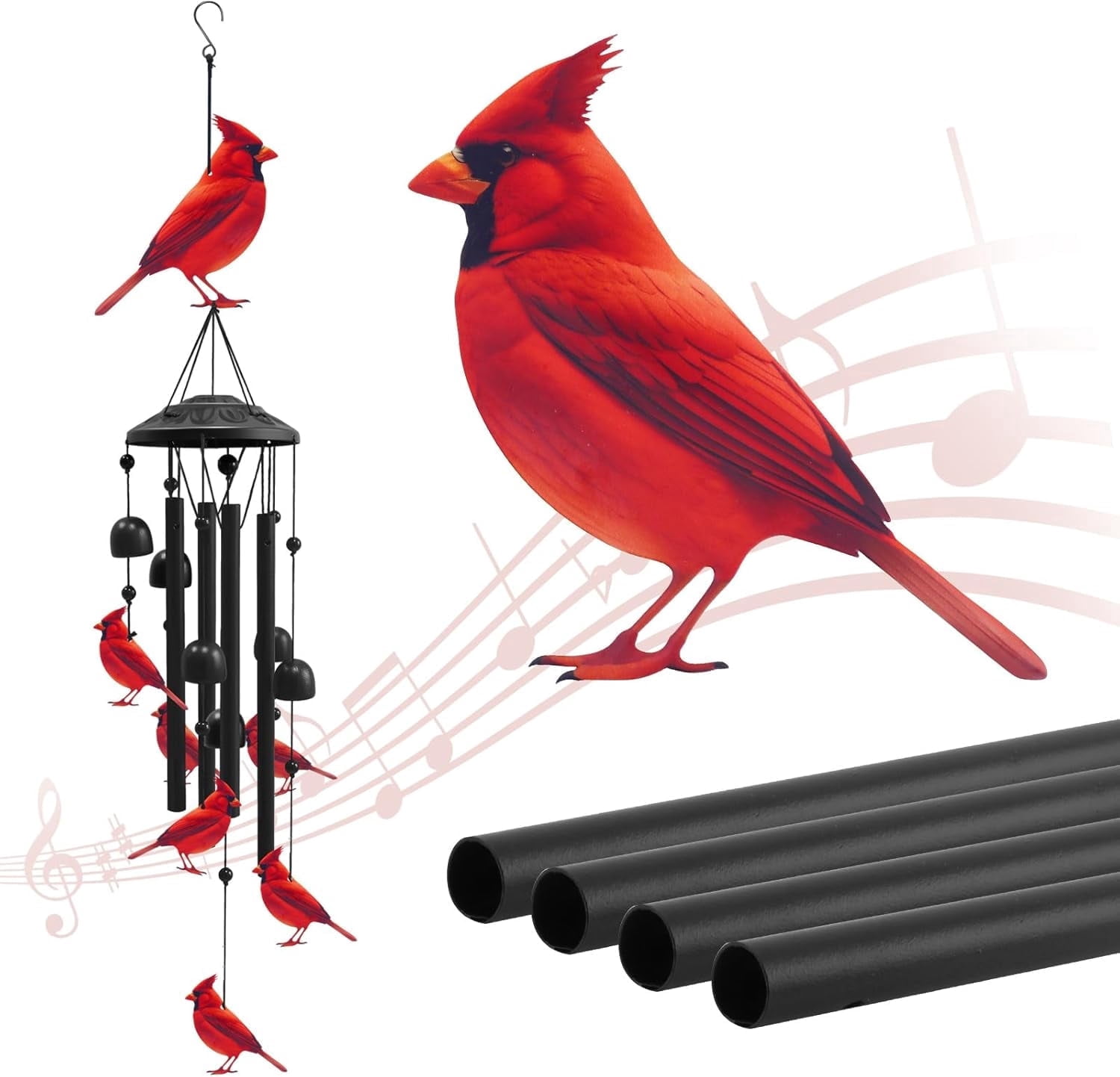 Cardinal Wind Chime for Outside 35.4", Black Metal Outdoor Windchime, Yard Decor Memorial Sympathy Gifts