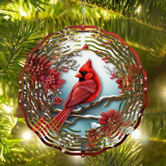 Cardinal Wind Spinners for Outdoor - Vibrant Red Metal Hanging Decoration with Pine Branch and Floral Design, Ideal for Garden, Patio, Lawn, Thanksgiving & Christmas Decor