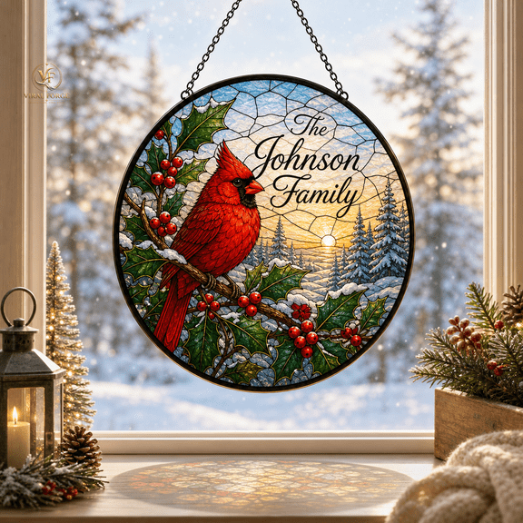 Cardinal Window Hanging Suncatcher Personalized Winter Holly Berry Family Gift