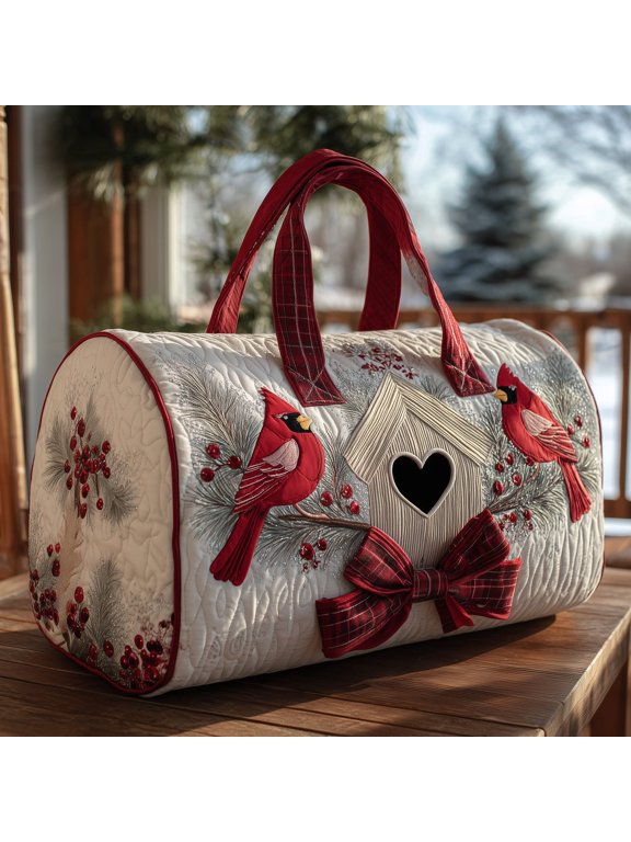 Cardinal Winter Couple Quilt Duffle Bag, Quited Travel Tote Bag, Quited Weekender Travel Bag, Carry On Duffle