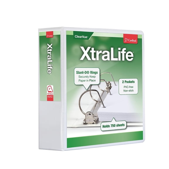 Cardinal XtraLife ClearVue Heavy Duty 3" 3-Ring View Binders D-Ring White 6/Carton (26330VS)