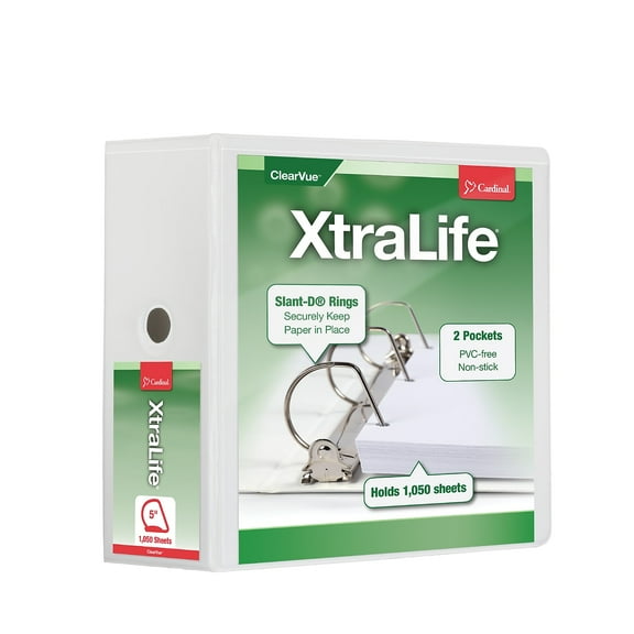 Cardinal XtraLife ClearVue Heavy Duty 5" 3-Ring View Binders D-Ring White 2/Carton (26350VS)