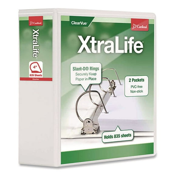 Cardinal XtraLife ClearVue Non-Stick Locking Slant-D Binder, 4" Cap, 11 x 8 1/2, White