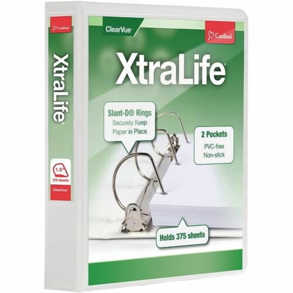 Cardinal® Xtralife ClearVue Locking Slant-D Binder, 1 1/2" Binder Capacity, Letter, 8 1/2" x 11" Sheet Size, 375 Sheet Capacity, 1 3/5" Spine Width (26310) | 2-Pack (2 Total)