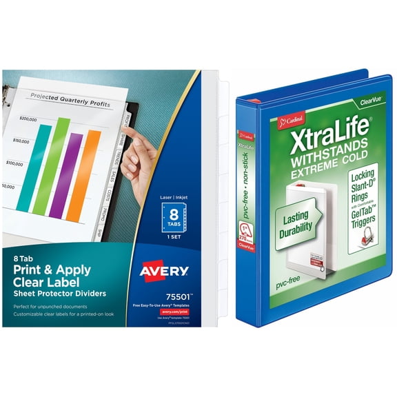 Cardinal Xtralife ClearVue Locking Slant-D Binders and Avery Index Maker Clear Pocket View Dividers Bundle