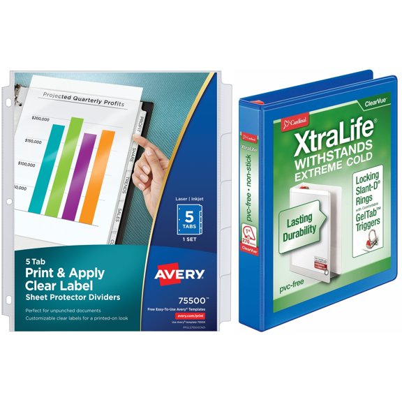 Cardinal Xtralife ClearVue Locking Slant-D Binders and Avery Index Maker Clear Pocket View Dividers Bundle