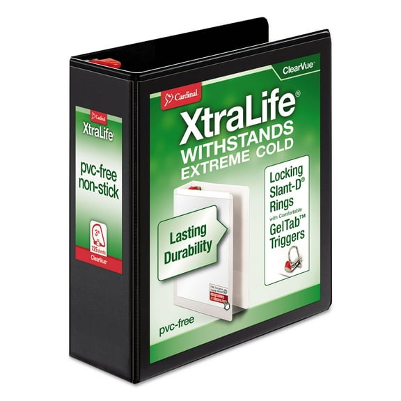 Cardinal Xtralife Clearvue Non-stick Locking Slant-D Ring Binder, 3 Rings, 3" Capacity, 11" x 8.5", Black