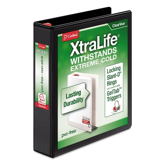 Cardinal. Xtralife Clearvue Non-stick Locking Slant-d Ring Binder, 3 Rings, 1.5" Capacity, 11 X 8.5, Black