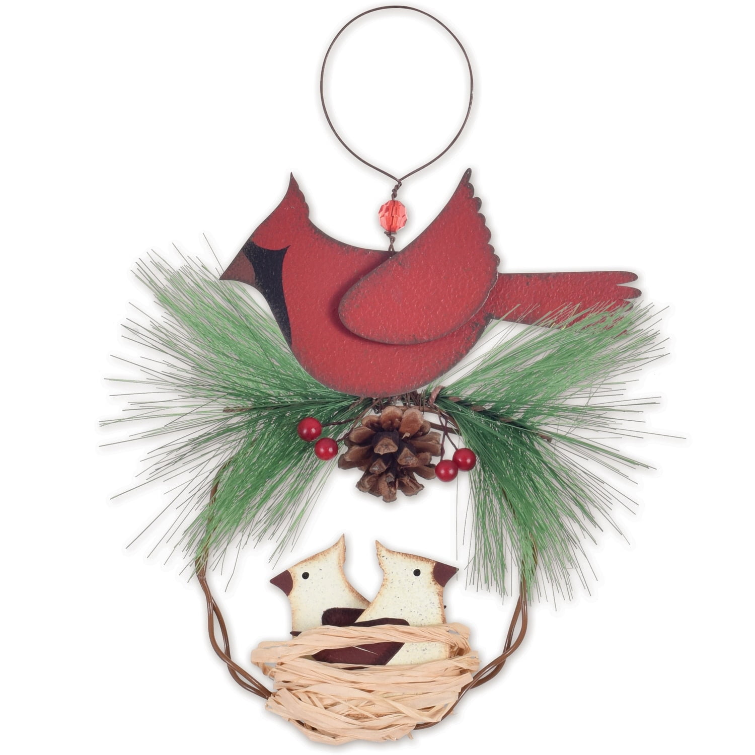Red Metal Cardinal and Babies Hanging Ornament Set