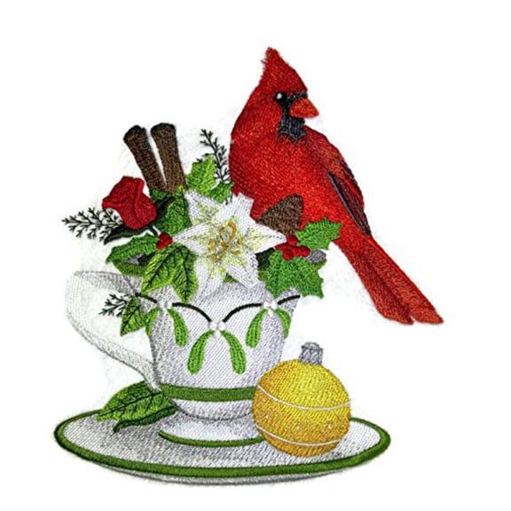 Cardinal and Christmas Tea Embroidered Iron on/Sew Patch [6.9" X 7.82"]