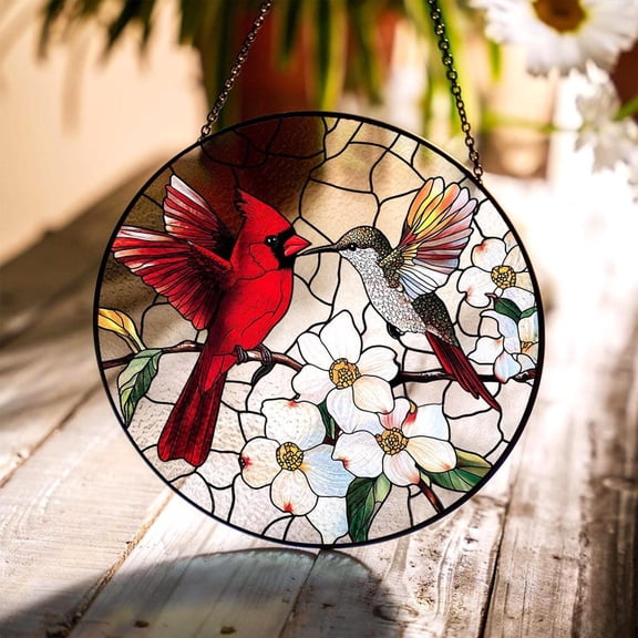 Cardinal and Hummingbird Stained Glass Suncatcher, Pair of Birds Round Glass Window Hanging, Memorial Bird Lover Gift