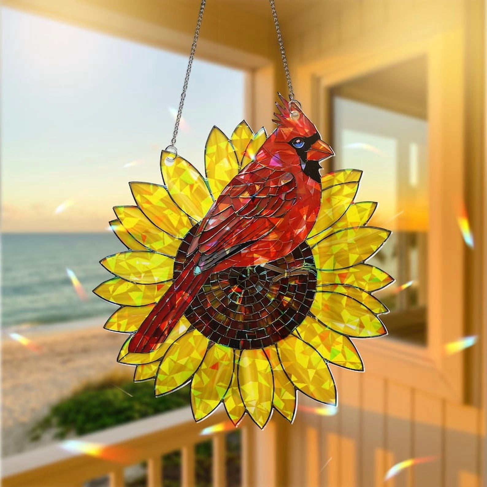 Cardinal and Sunflower Hologram Acrylic Suncatcher: Bird Lover Decor