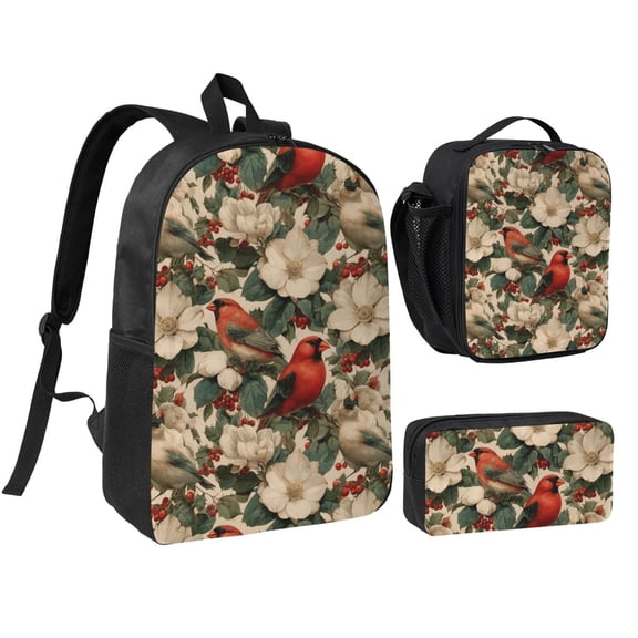 Cardinal and berries scene Backpack Set,3PCS Backpack Set with Insulated Lunch Bag and Pencil Pouch,Travel Backpack,Large Capacity Daypack,Utility Organizer Set for Daily Use Travel