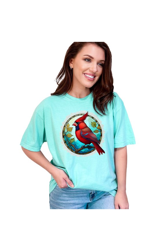 Cardinal bird stained glass art T-Shirt, unique bird lover gift, colorful avian design tee, vibrant nature themed apparel, artistic wildlife, Chalky Mint Comfort Colors T-Shirt, Medium