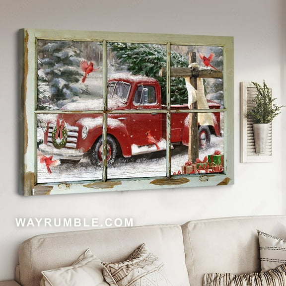 Cardinal drawing, Red truck, Wooden cross, Christmas decoration - Jesus Landscape poster Prints, Home Decor Wall Art, UNFRAMED-18x24