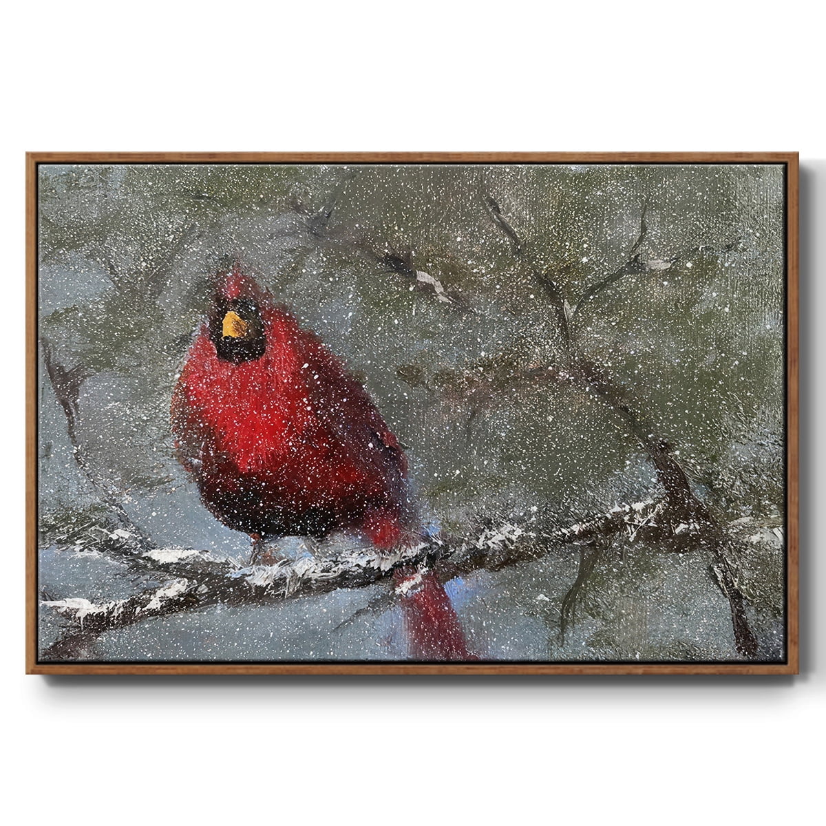 Cardinal in Snow I - Framed Gallery Wrapped Holiday Canvas - 17 x 25 - Rosewood Frame