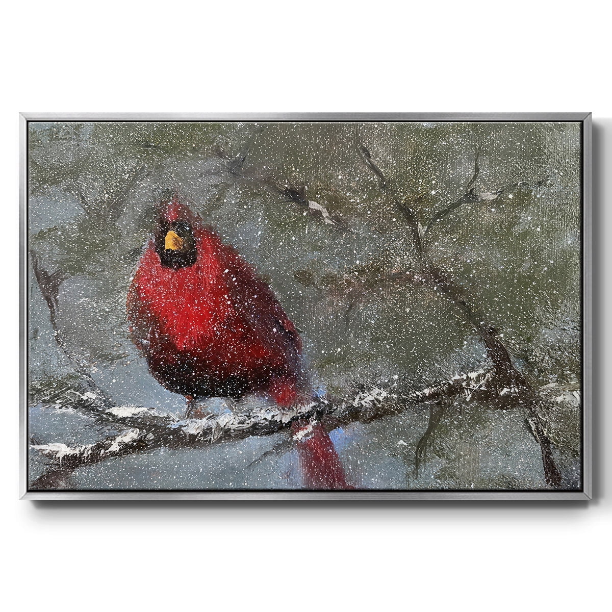 Cardinal in Snow I - Framed Gallery Wrapped Holiday Canvas - 17 x 25 - Silver Frame
