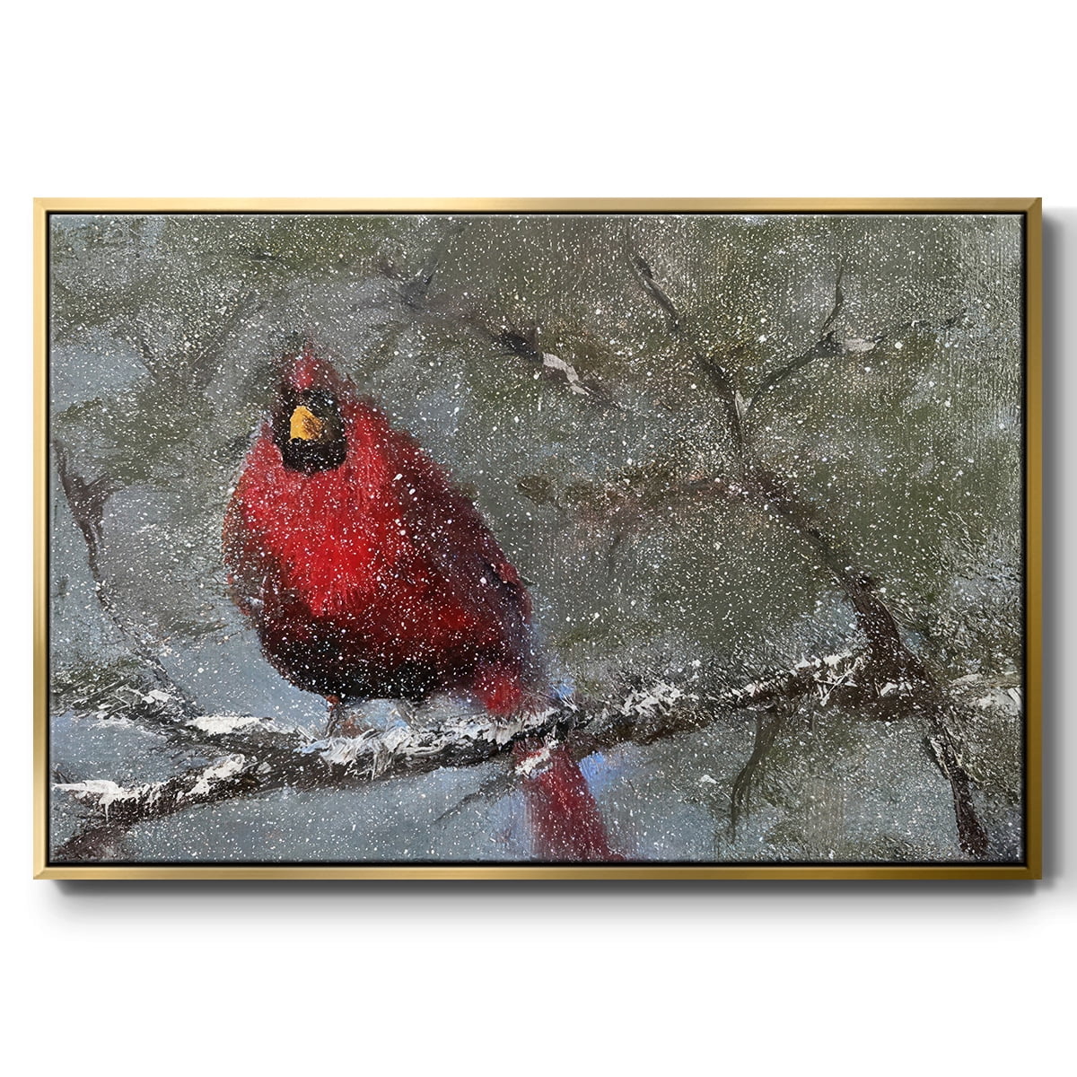 Cardinal in Snow I - Framed Gallery Wrapped Holiday Canvas - 25 x 37 - Gold Frame