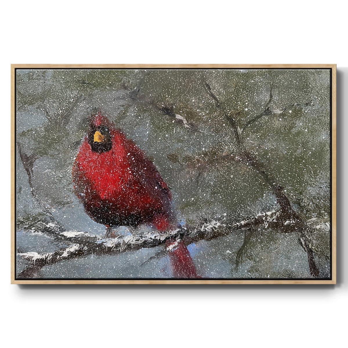 Cardinal in Snow I - Framed Gallery Wrapped Holiday Canvas - 25 x 37 - Natural Wood Frame