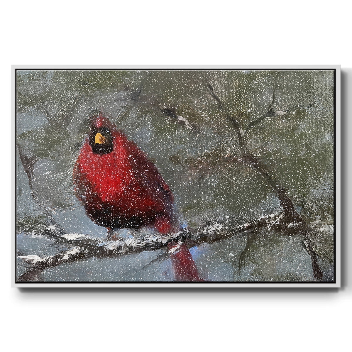 Cardinal in Snow I - Framed Gallery Wrapped Holiday Canvas - 25 x 37 - White Frame