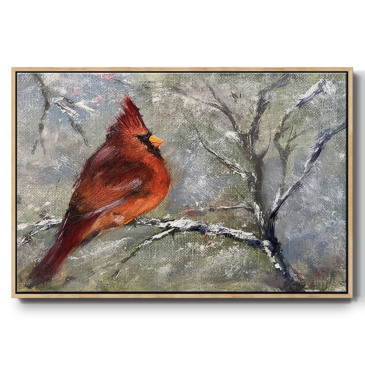 Cardinal in Snow II - Framed Gallery Wrapped Holiday Canvas - 17 x 25 - Natural Wood Frame
