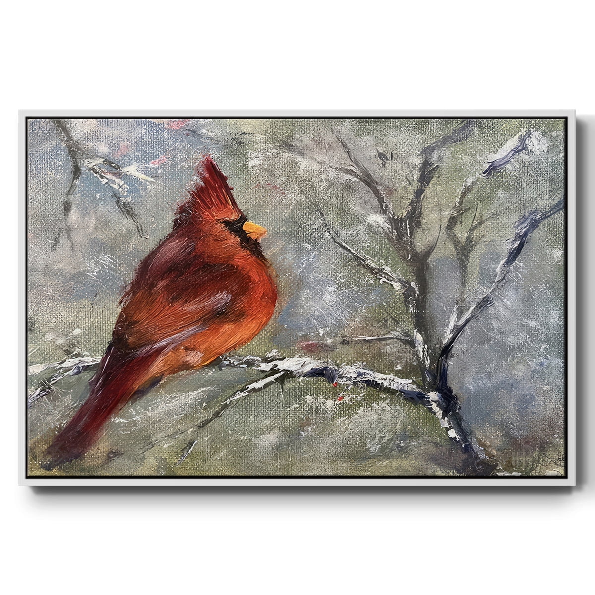 Cardinal in Snow II - Framed Gallery Wrapped Holiday Canvas - 17 x 25 - White Frame