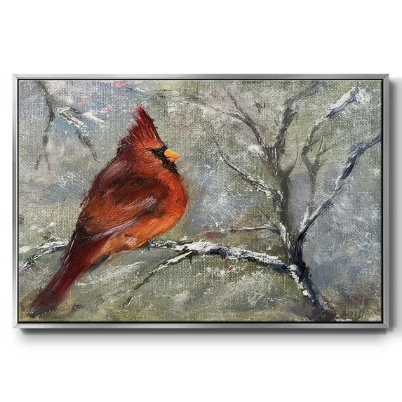 Cardinal in Snow II - Framed Gallery Wrapped Holiday Canvas - 25 x 37 - Silver Frame
