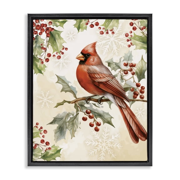Stupell Industries Cardinal on Holly Branch Black Framed Floater Canvas Wall Art, design by Nicole DeCamp, 21 x 17