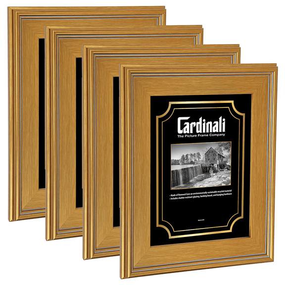 Cardinali Plein Air, Gold 8x10" - Set of 4 - Picture Frame with Acrylic Glazing & Cardboard Backing, for Photography or Canvas Frame, 3 Wide Moulding, 1/2 Rabbet Depth, D-Ring Hangers Included