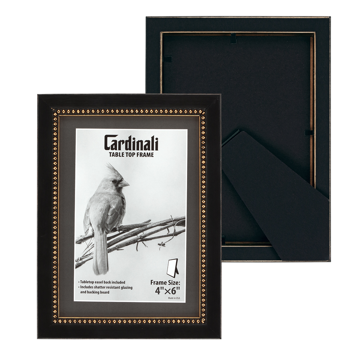 Cardinali Winston Tabletop Frame, 4x6" Black with Gold Bead Picture Frame for Desk & Mantel Decor, Hand Finished Beaded Border, Easel Back, Shatter-Resistant Acrylic Glazing, Made in the USA