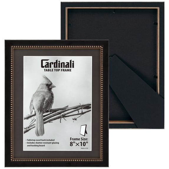 Cardinali Winston Tabletop Frame, 8x10" Black with Gold Bead Picture Frame for Desk & Mantel Decor, Hand Finished Beaded Border, Easel Back, Shatter-Resistant Acrylic Glazing, Made in the USA