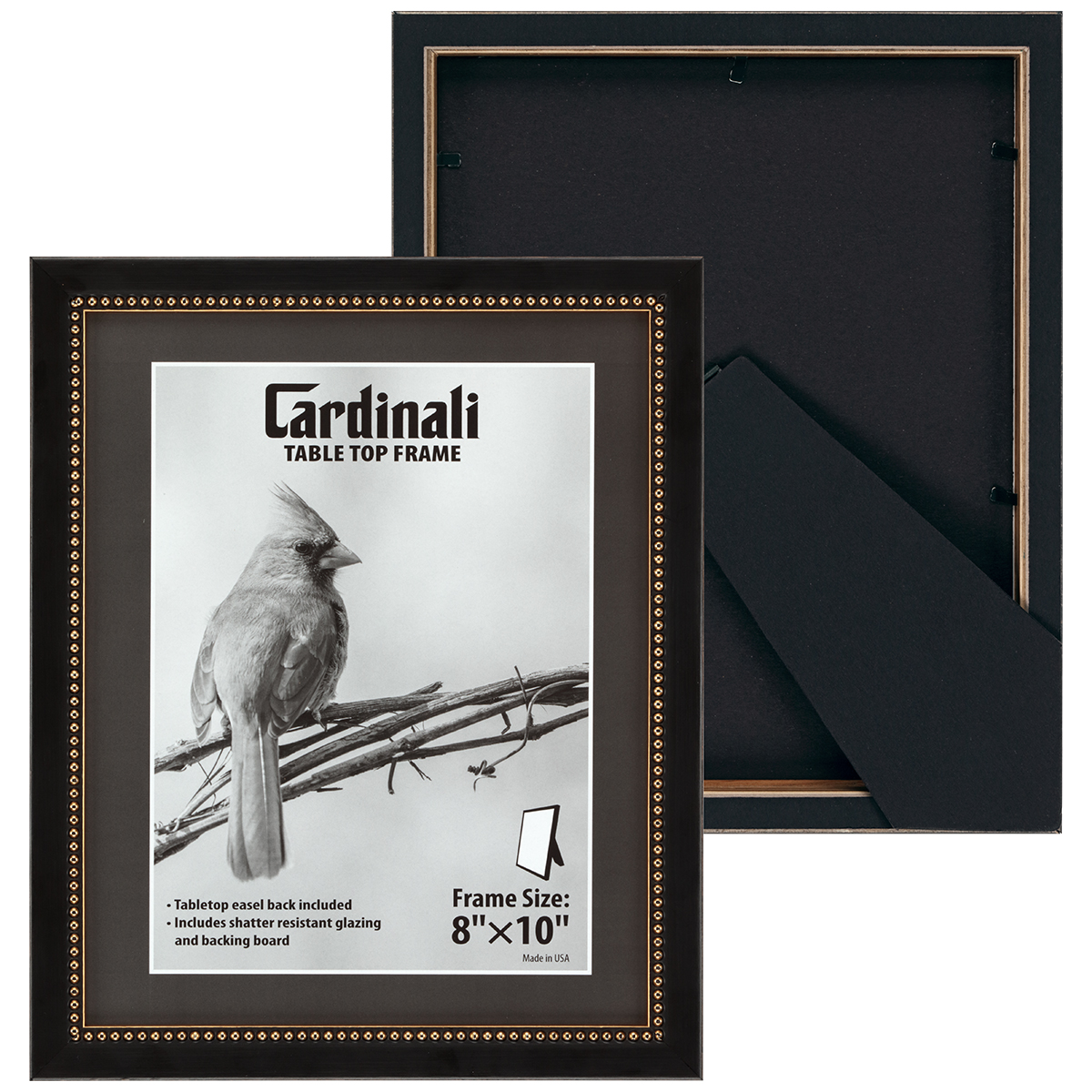 Cardinali Winston Tabletop Frame, 8x10" Black with Gold Bead Picture Frame for Desk & Mantel Decor, Hand Finished Beaded Border, Easel Back, Shatter-Resistant Acrylic Glazing, Made in the USA