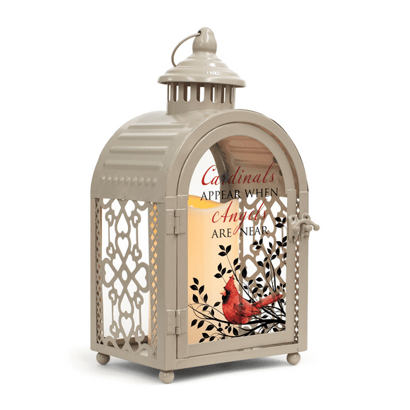 Cardinals Appear Angels Near 11 x 5.5 Metal and Glass Candle Lantern