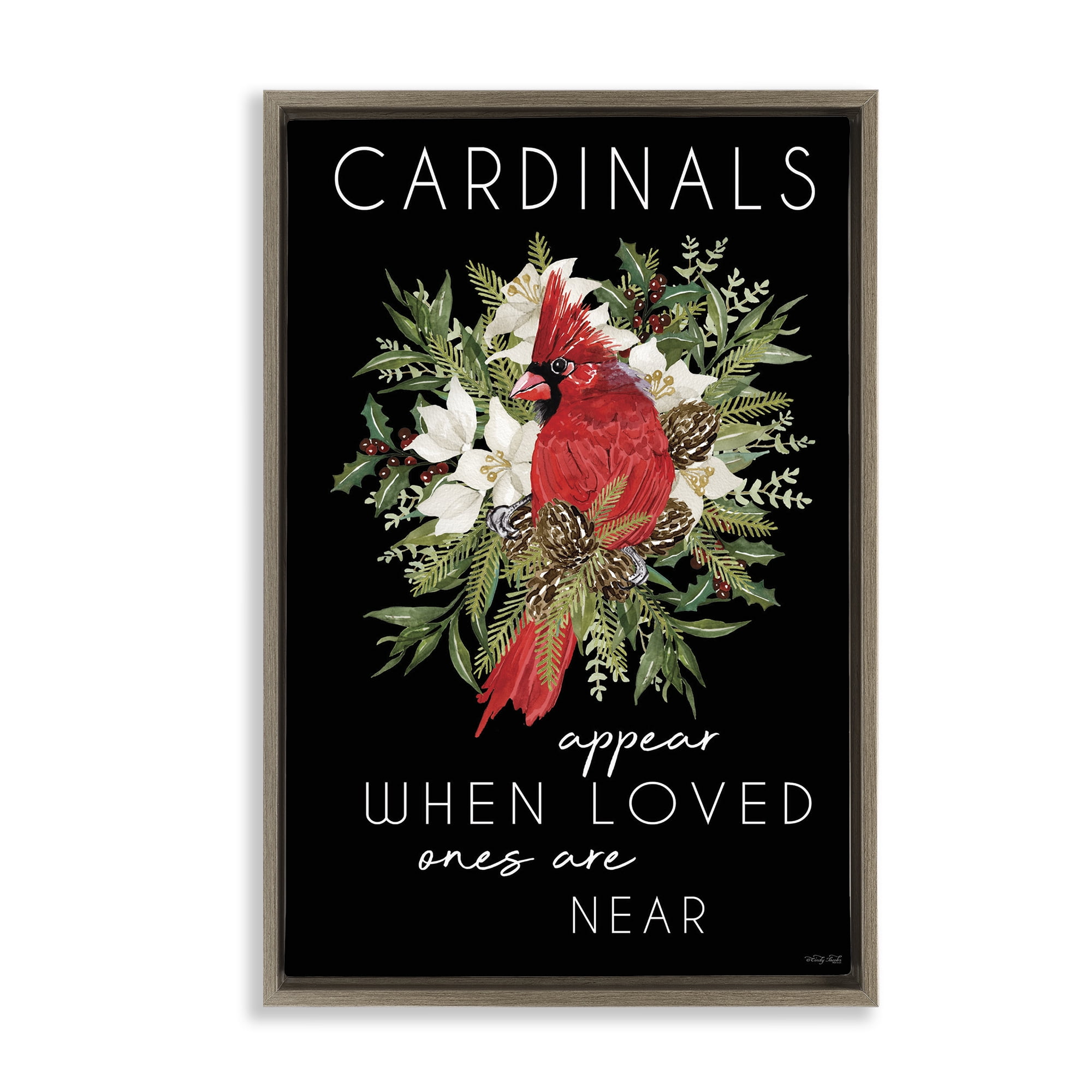 Cardinals Appear Seasonal Sentiment Brown Framed Floater Canvas Wall Art, design by Cindy Jacobs