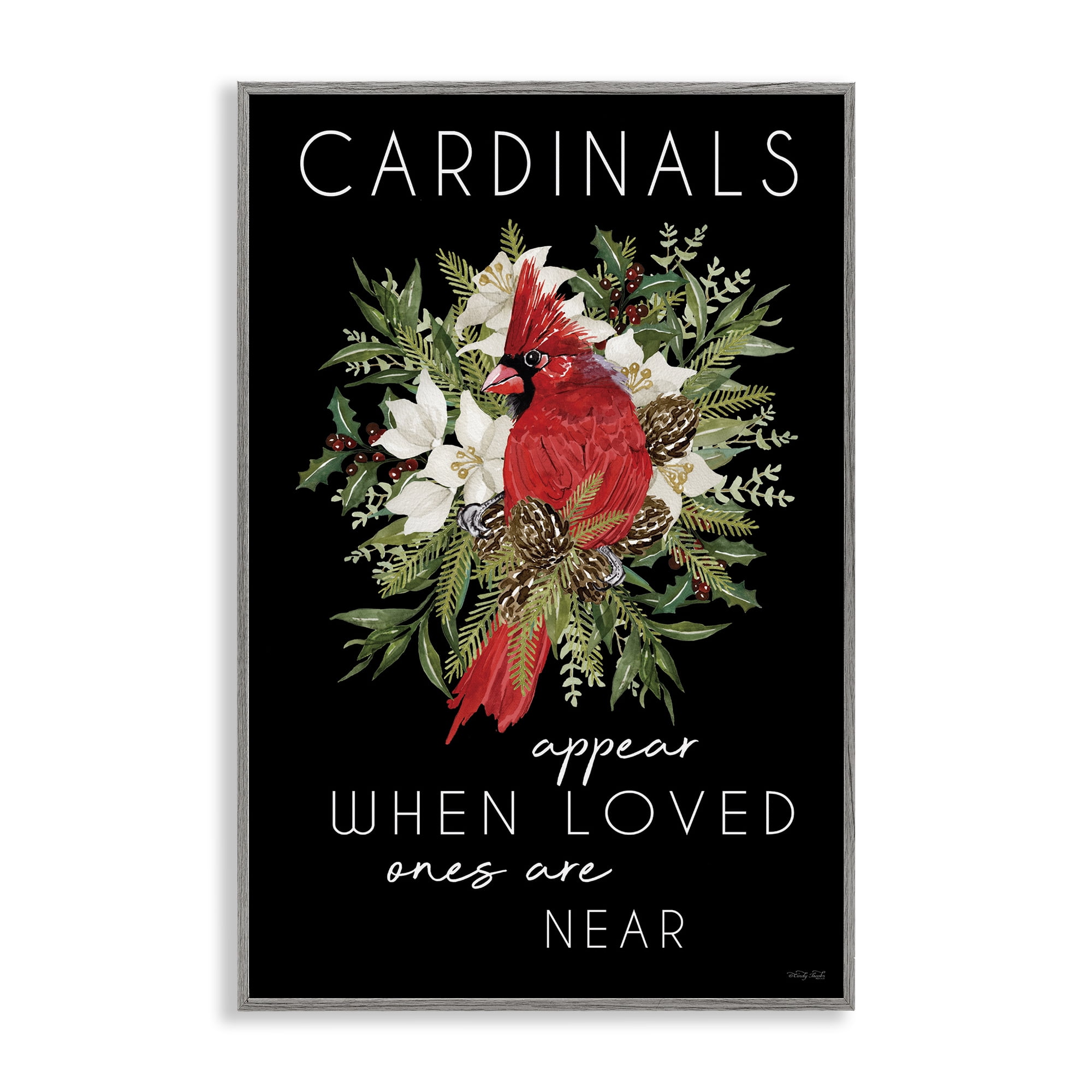 Cardinals Appear Seasonal Sentiment Gray Framed Giclee Art, design by Cindy Jacobs