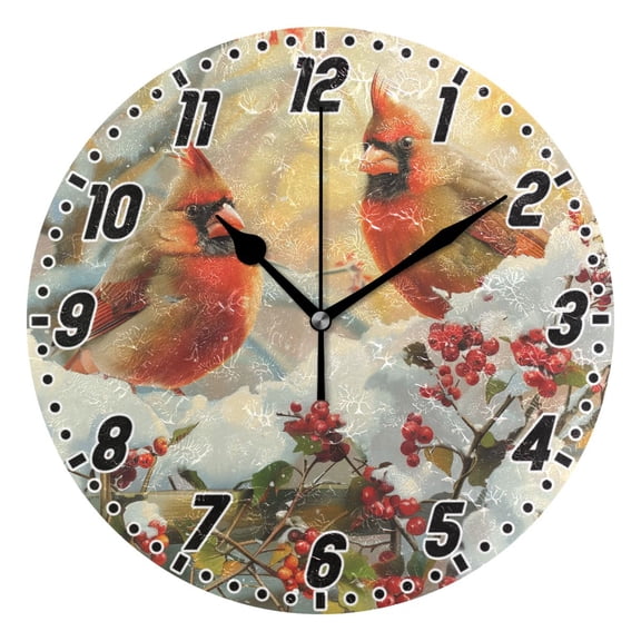 Cardinals Bird on Garden Fence Round Wall Clock Battery Operated Silent Non-Ticking Bedroom Office Kitchen Home School Decor 10"(Black)