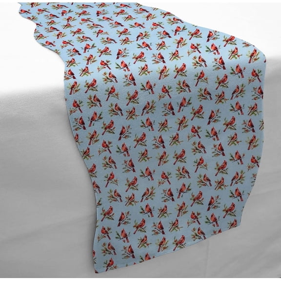 Cardinals Birds & Berries Table Runner by Penny's Needful Things (3 Feet Long - SCALLOPED) (Blue)