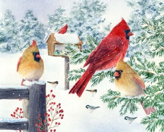 Cardinals In Snow Flurry Canvas Art - Maureen Mccarthy (23 x 19)