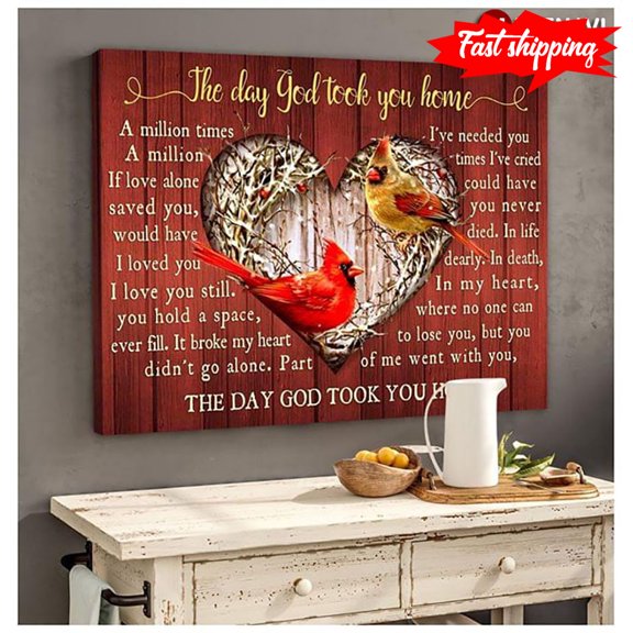 Cardinals In The Heart-shaped Mistletoe Wreath The Day God Took You Home 11 x 17 Inch Poster