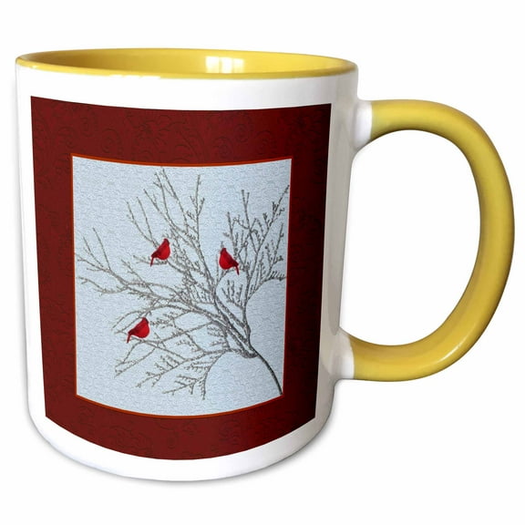 3drose, Cardinals in the Winter, 15oz Two-tone Yellow Mug
