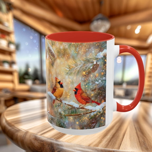 Cardinals Snowy Pine Branch Coffee Mug, Watercolor Winter Forest Bird Cup, Festive Christmas Mug, Bird Lovers Gift