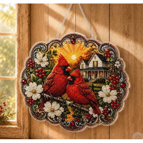 Cardinals & Sunrise Hanging Diamond Art Kits for Adults, DIY Window Suncatcher Hanging Ornament, Double-Sided Acrylic Decor with Special Shaped Diamonds for Home Garden Gift